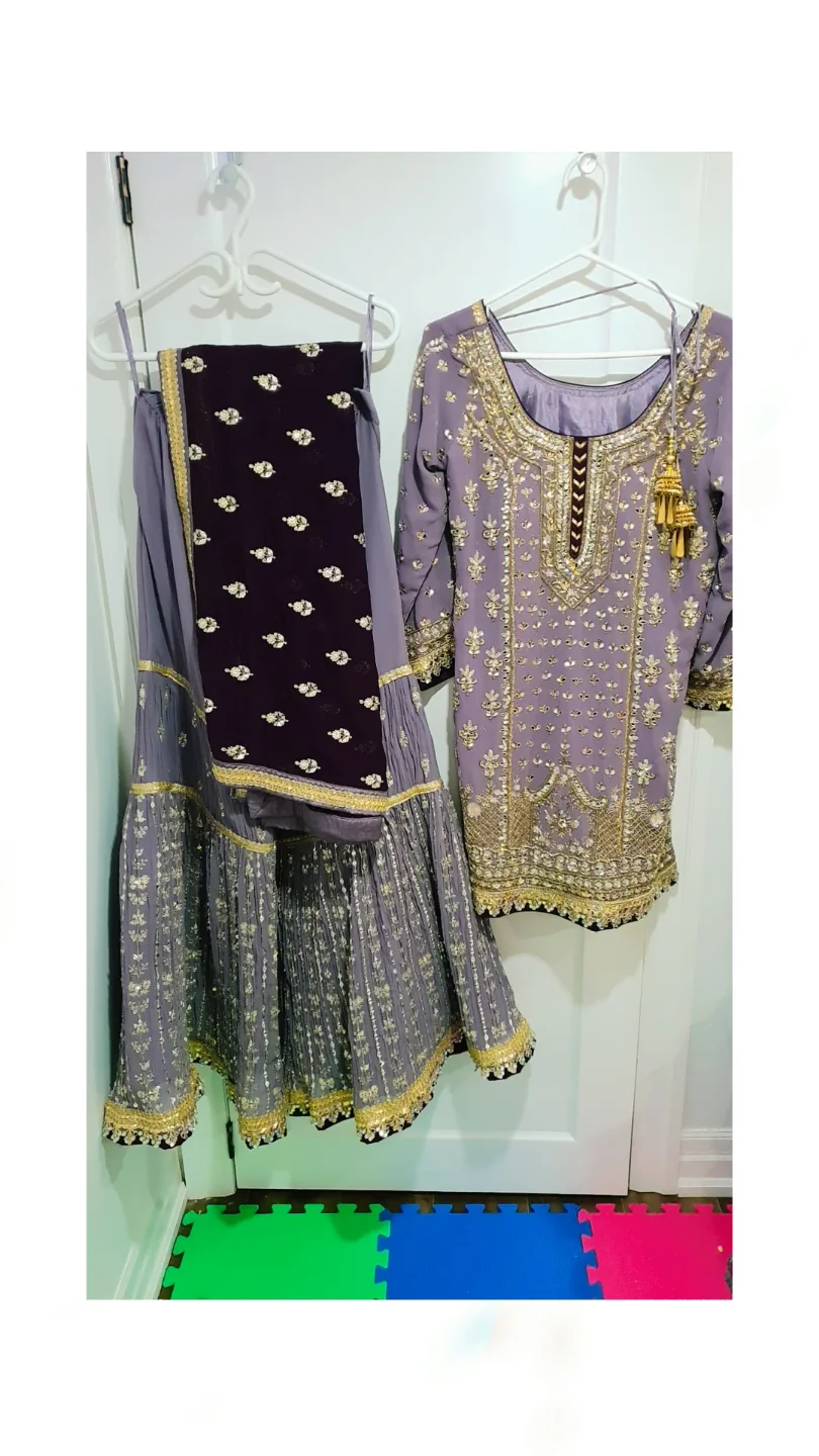 Gorgeous Purple and Gold Party wear sharara suit image indicator(3)
