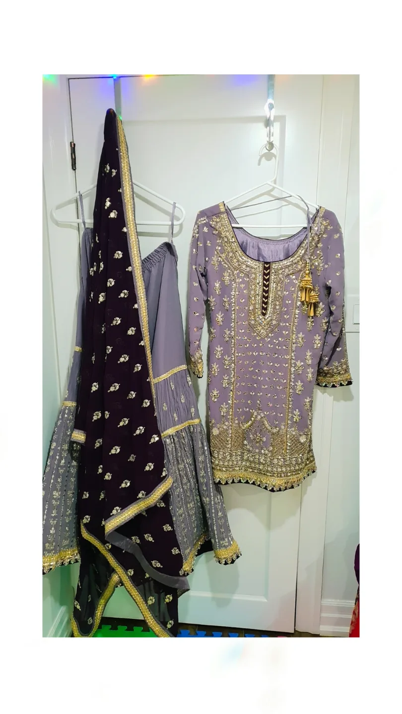 Gorgeous Purple and Gold Party wear sharara suit image indicator(5)