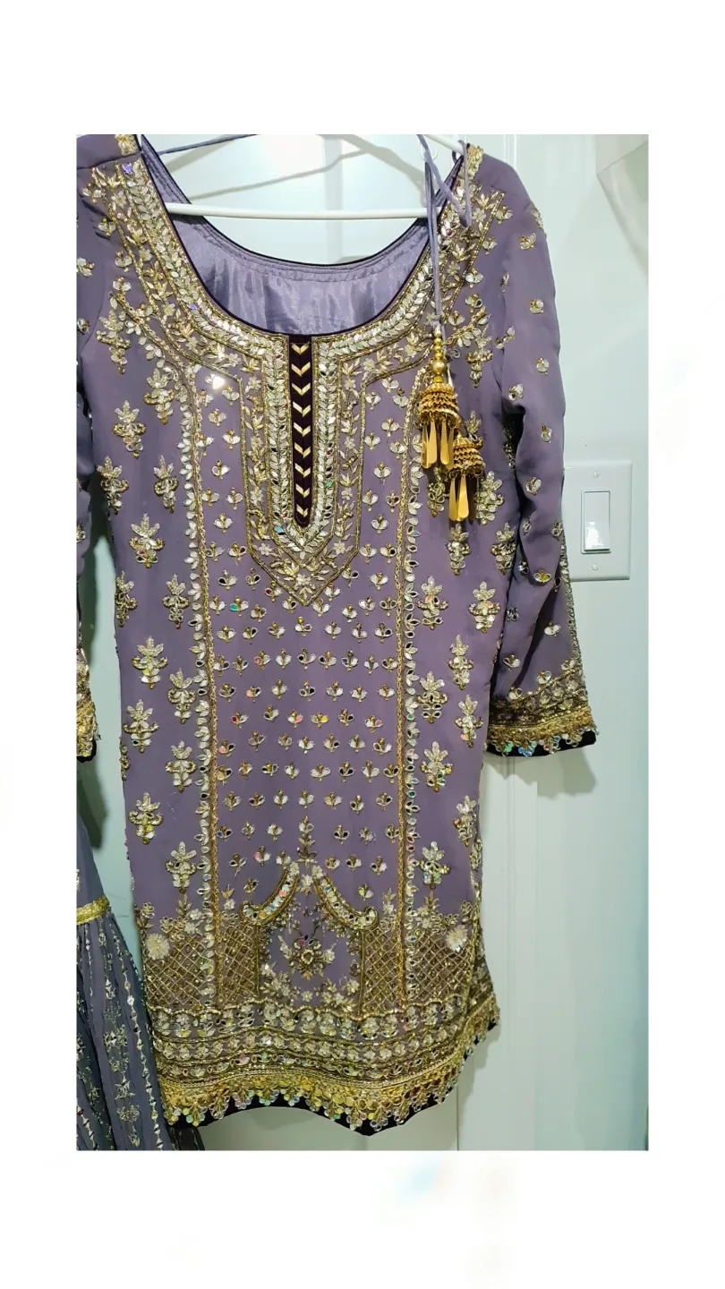 Gorgeous Purple and Gold Party wear sharara suit image indicator(6)