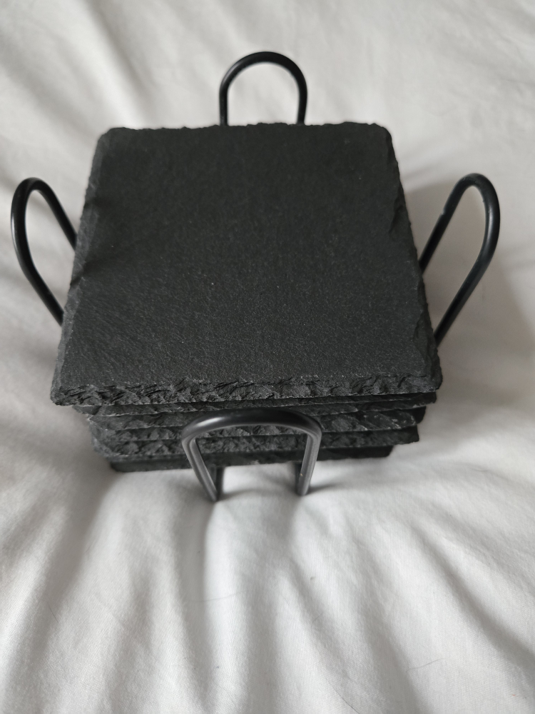 Set of Six Black Slate Coasters with Metal Holder