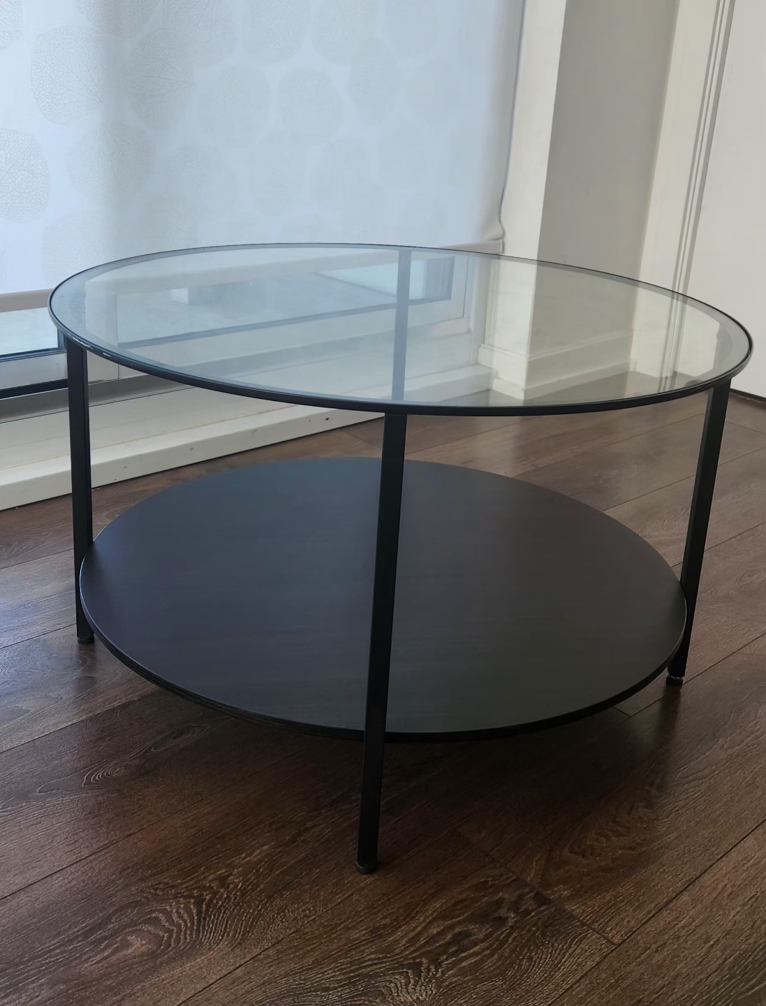 Round Glass Top Coffee Table with Lower Shelf