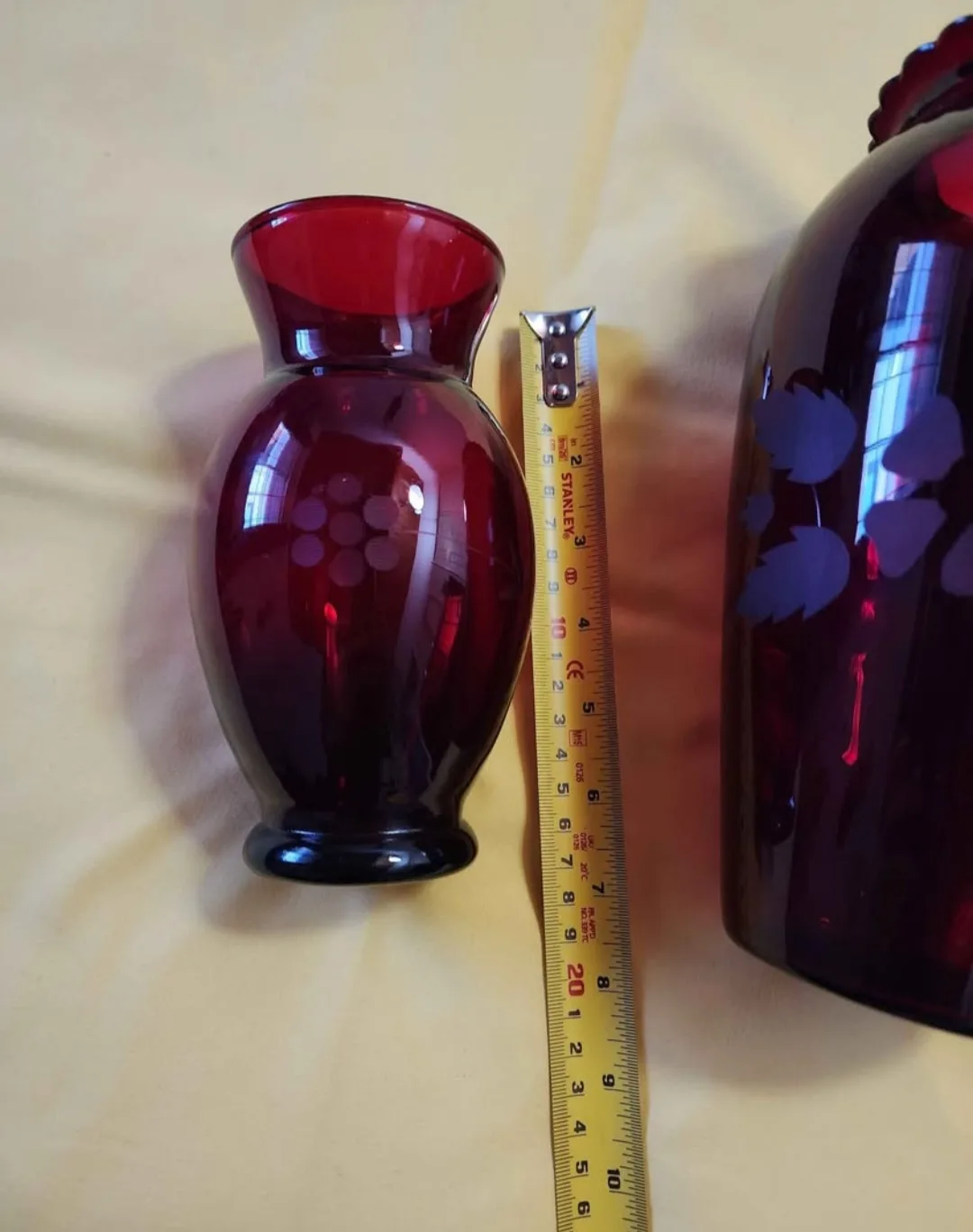 Pair of Vintage Ruby Red glass vases with etched floral design image indicator(3)