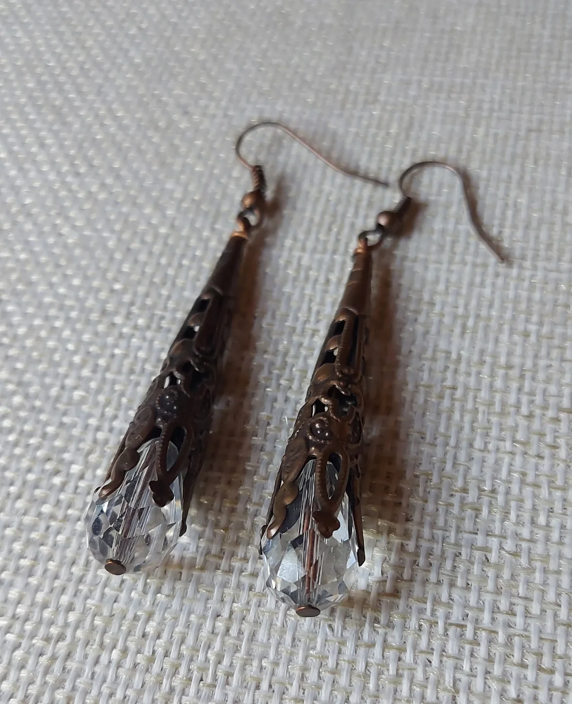Unique Antique Bronze Filigree Drop Earrings with Clear Crystal thumbnail
