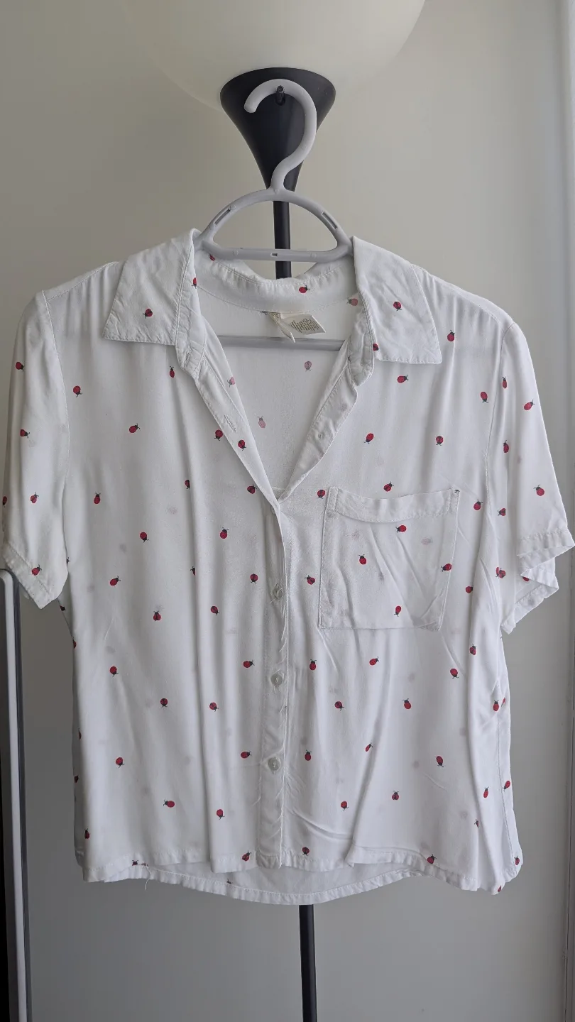 Women's White Strawberry Print Button-Up Shirt thumbnail