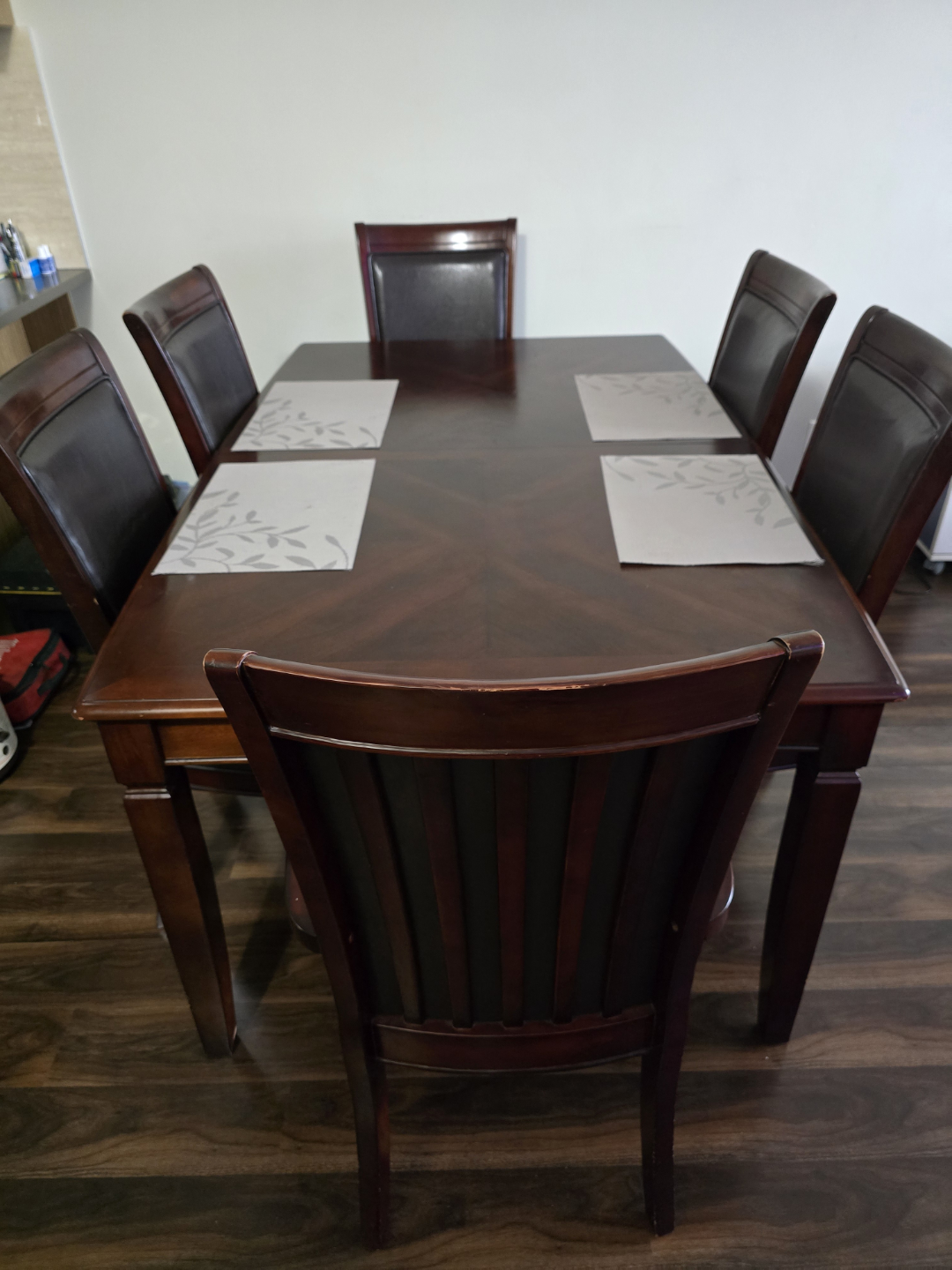 7-Piece Dining Set - Dark Wood Table and Leatherette Chairs