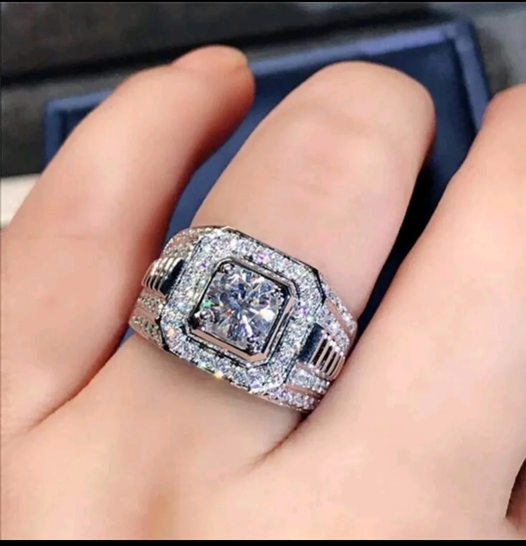 Men's Iced-Out Silver Ring with Large Cubic Zirconia thumbnail