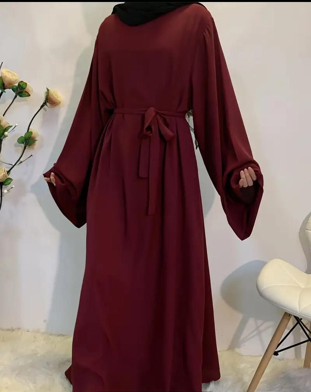Burgundy Abaya Maxi Dress with Belt - photo 3