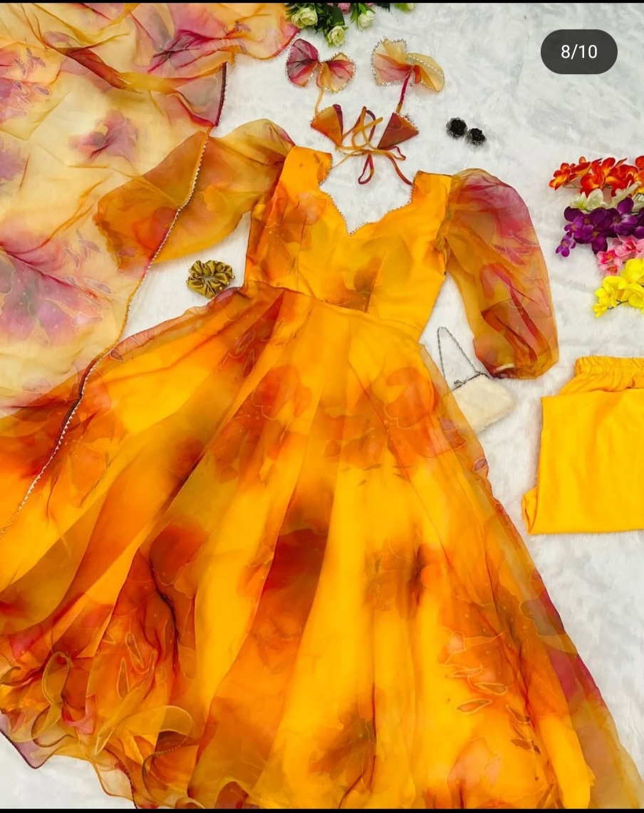 Gorgeous Orange Floral Gown with Dupatta