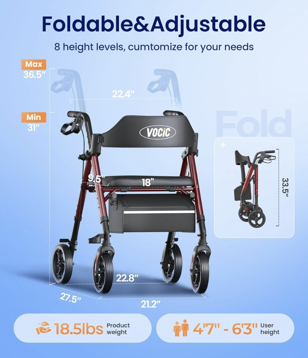 VOCIC Rollator Walker with Seat & 8" Wheels - Adjustable Height - photo 4