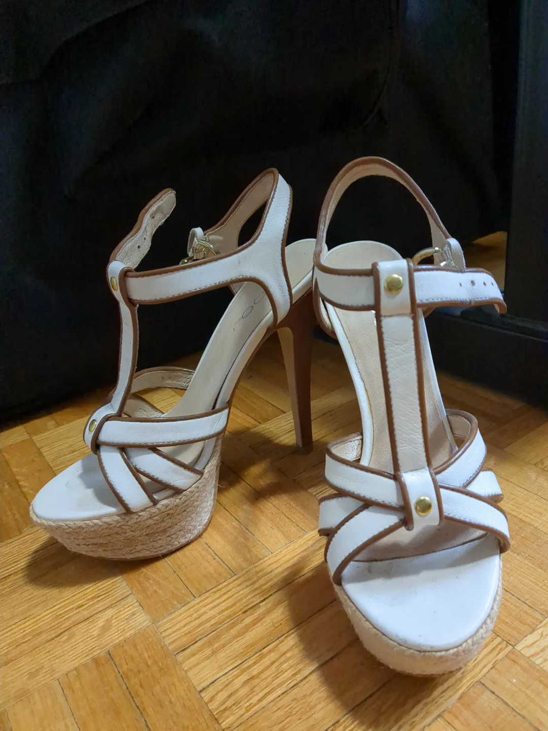 White Leather T-Strap Platform Heels thumbnail