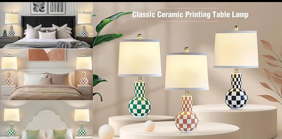 EJIAXIN Ceramic Table Lamp - Green Checkered Design - photo 4