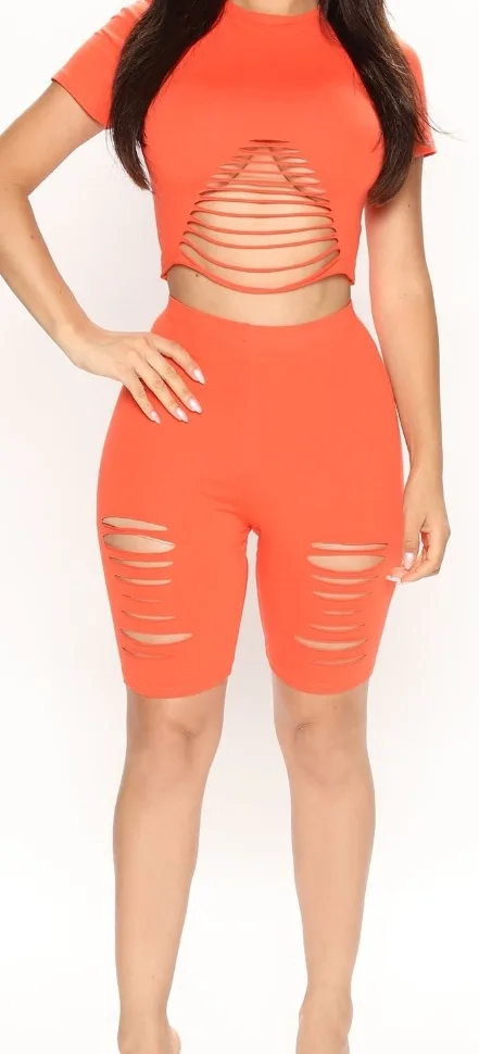 Orange Distressed Crop Top and Biker Shorts Set thumbnail