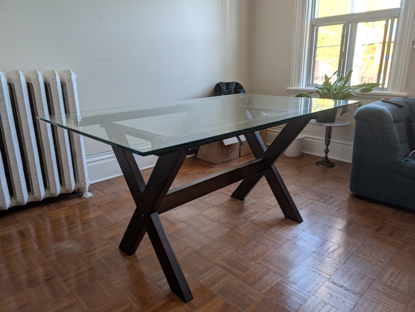 Glass Dining Table with Wooden X-Frame Base – Seats 6