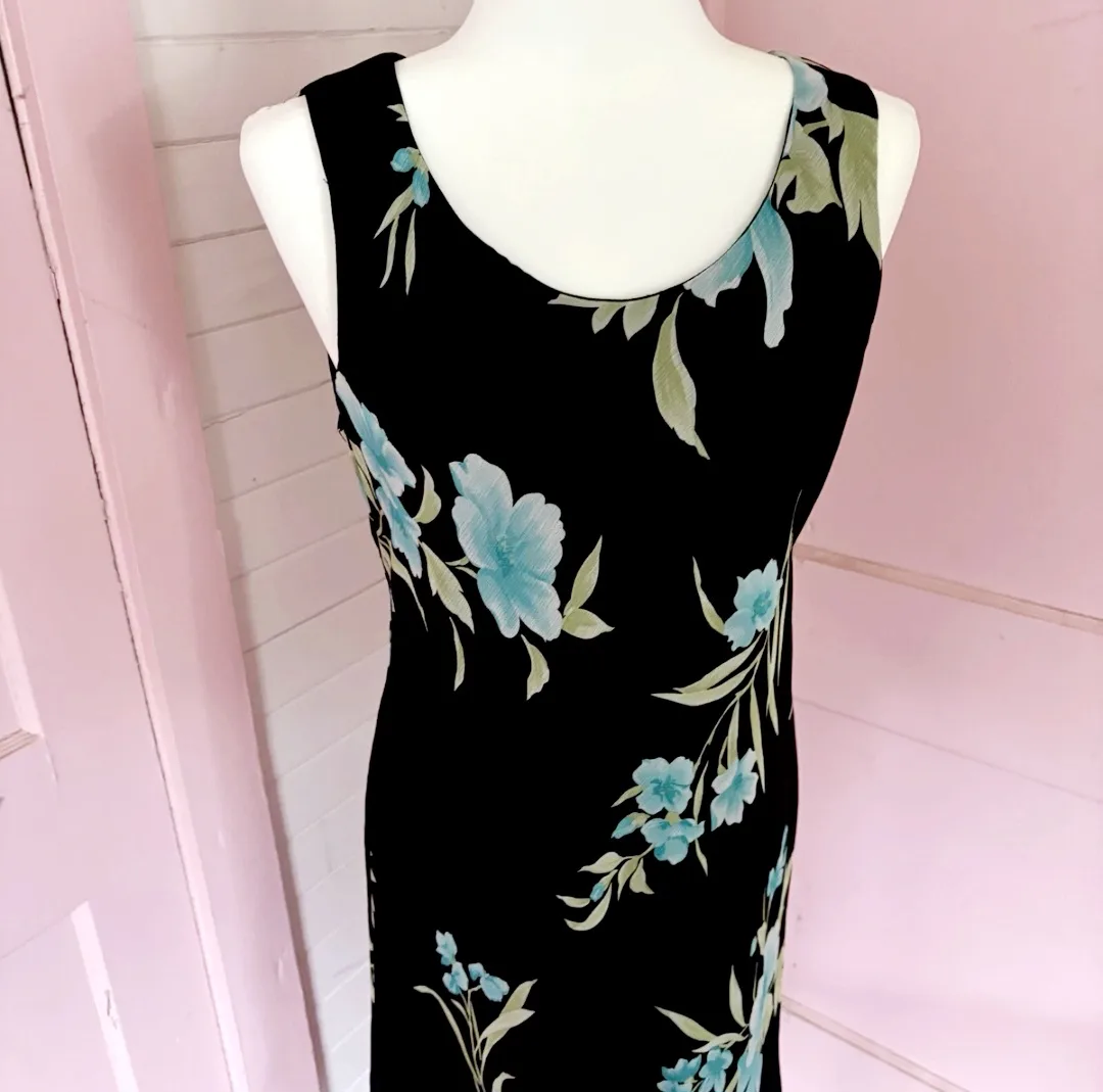 Elegant Black Long Dress with Blue and Green Flowers image indicator(2)