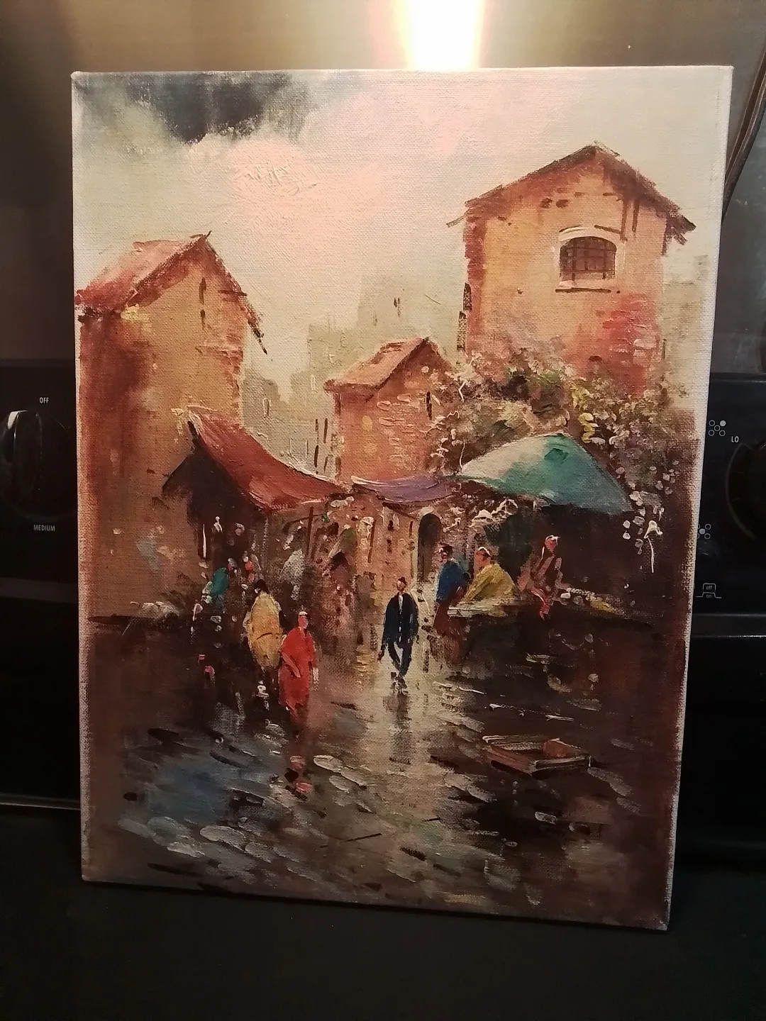 Vintage Market Scene Oil  Original Painting thumbnail