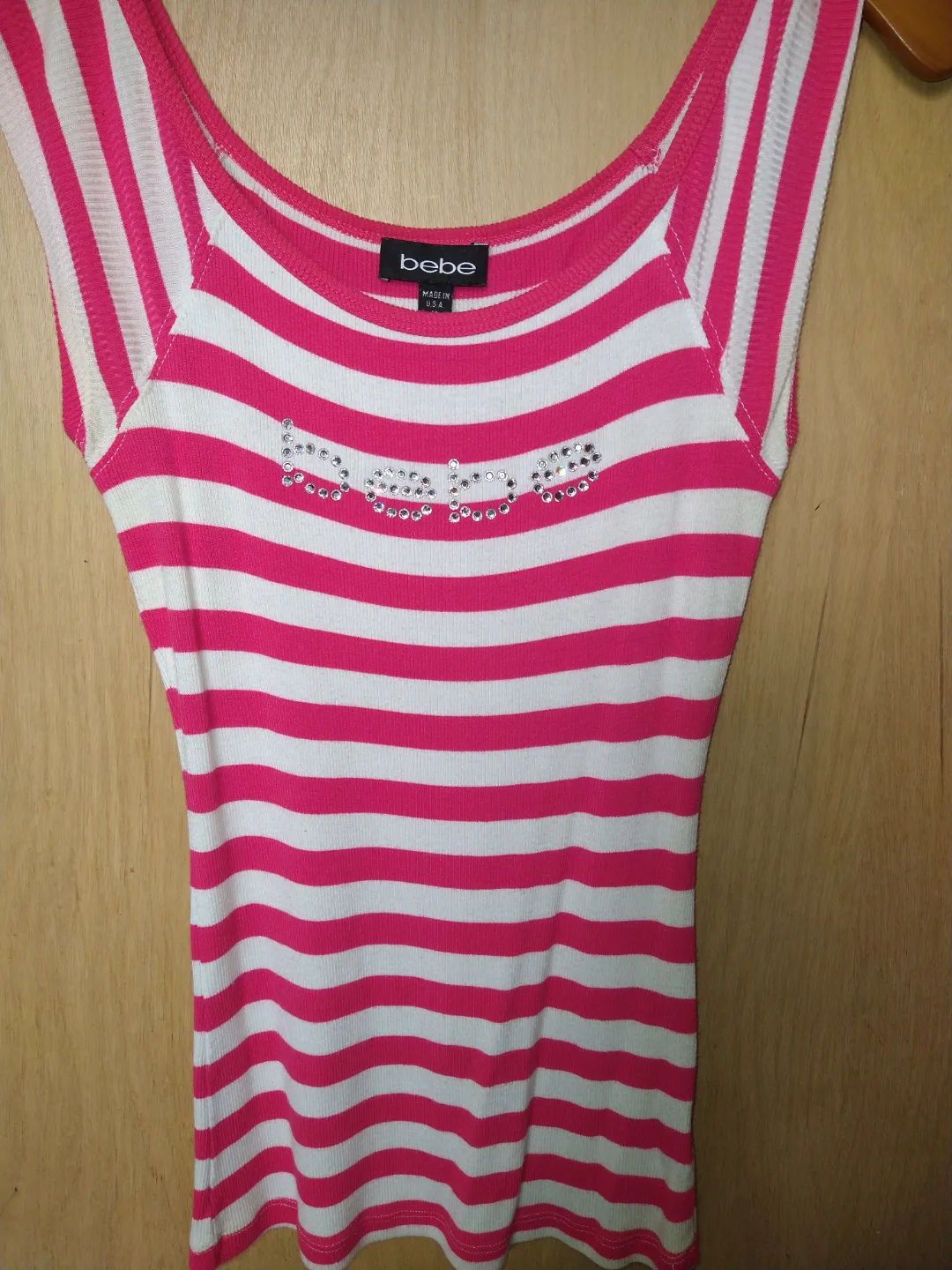 Bebe Hot Pink and White Striped off the shoulder/Tank Top thumbnail