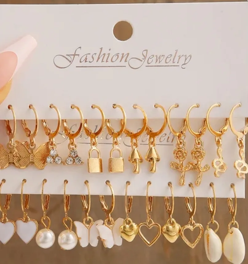 18 Pairs of Gold Hoop Earrings with Charms thumbnail