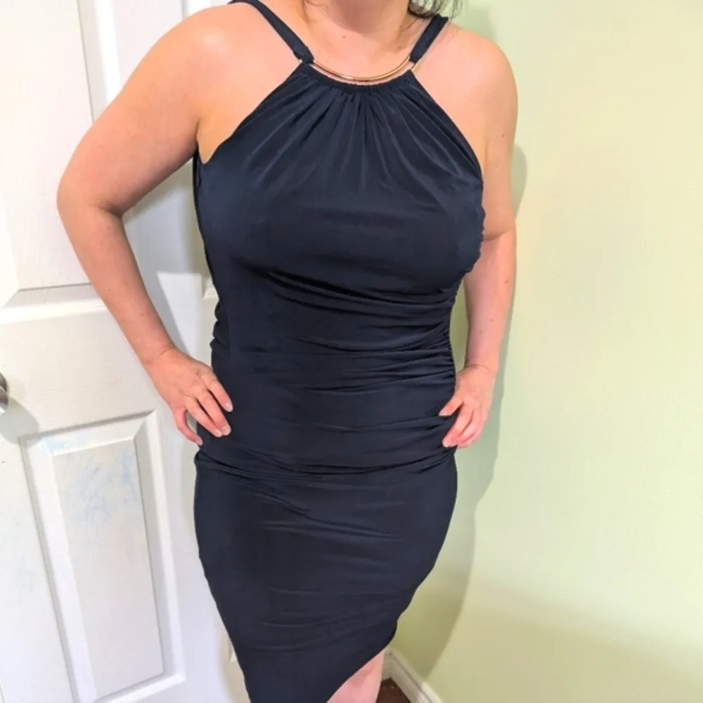Le Chateau Navy Blue Halter Neck Rushed Bodycon Dress thumbnail