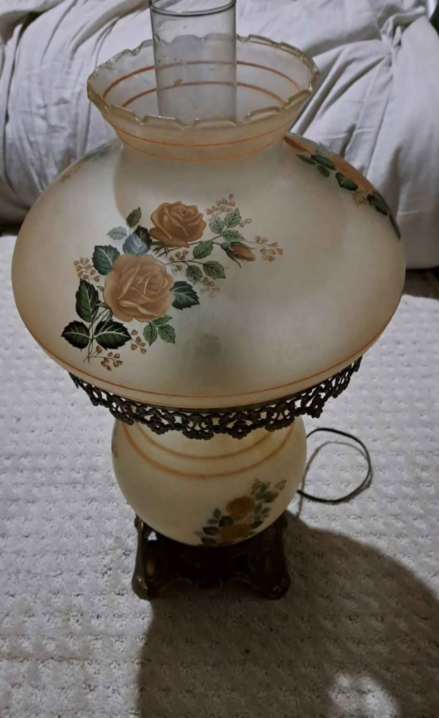 Large Floral Milk Glass Mid Century Rose Glass Lamp
