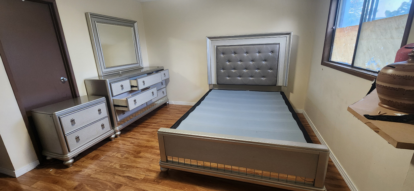 Silver Bedroom Set - Queen Size Bed, Dresser, and Nightstand