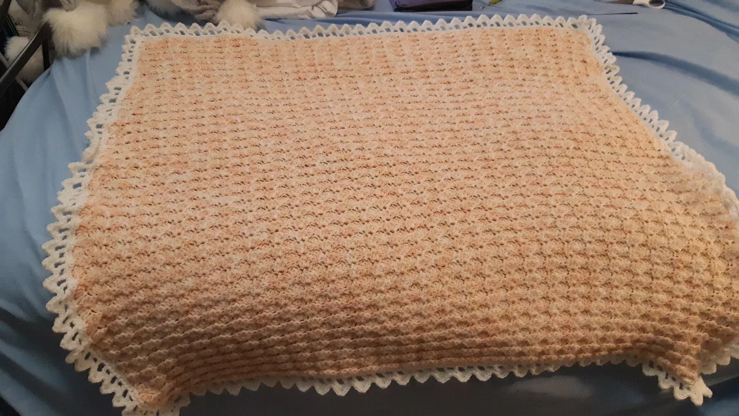 Handmade Peach and White Crochet Baby Blanket image indicator(2)