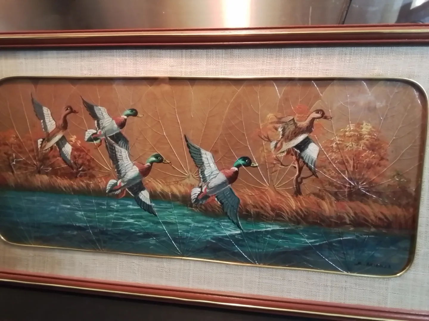 Vintage Framed Leaf Art Painting - Ducks in Flight image indicator(2)