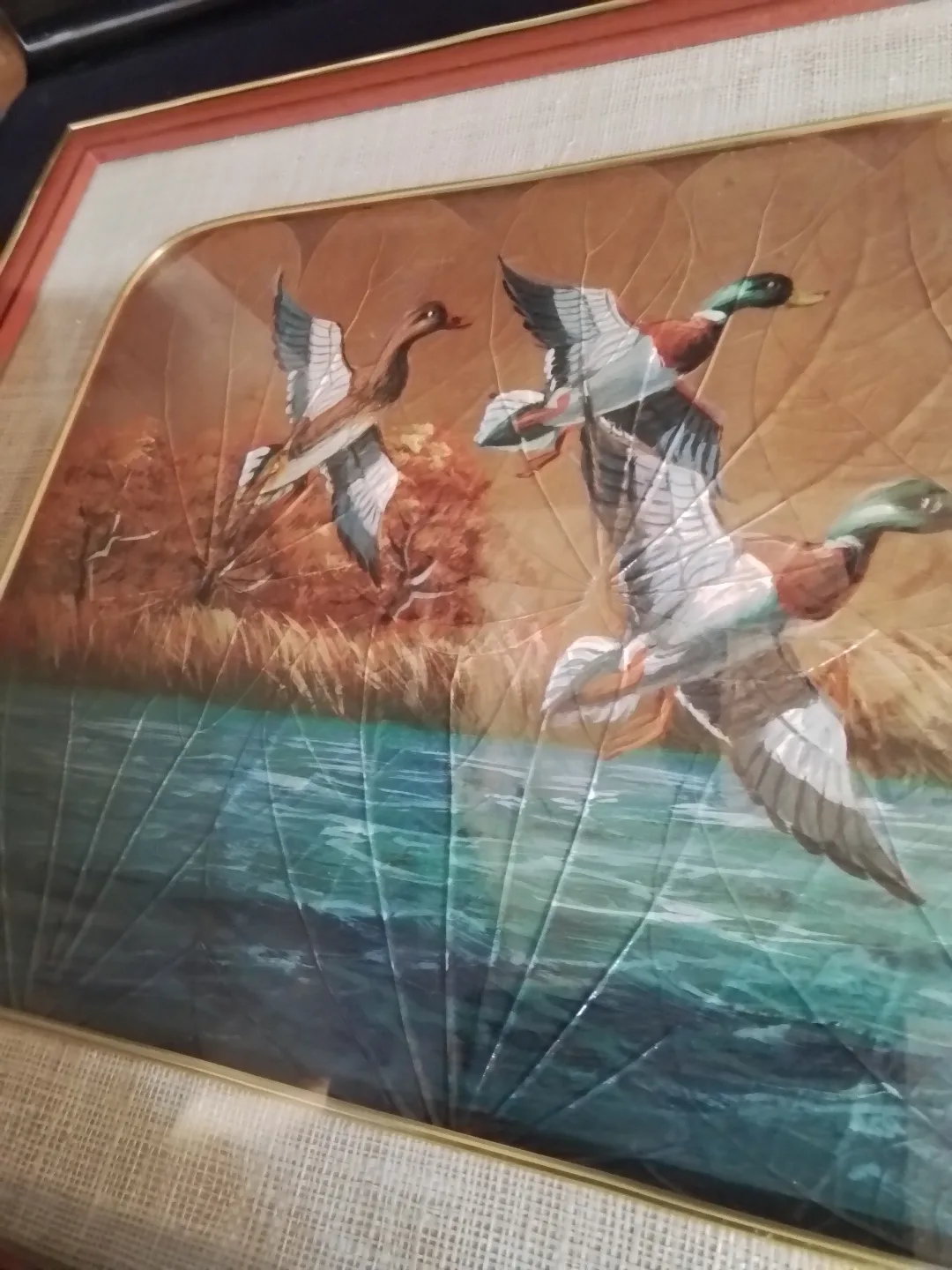 Vintage Framed Leaf Art Painting - Ducks in Flight image indicator(5)