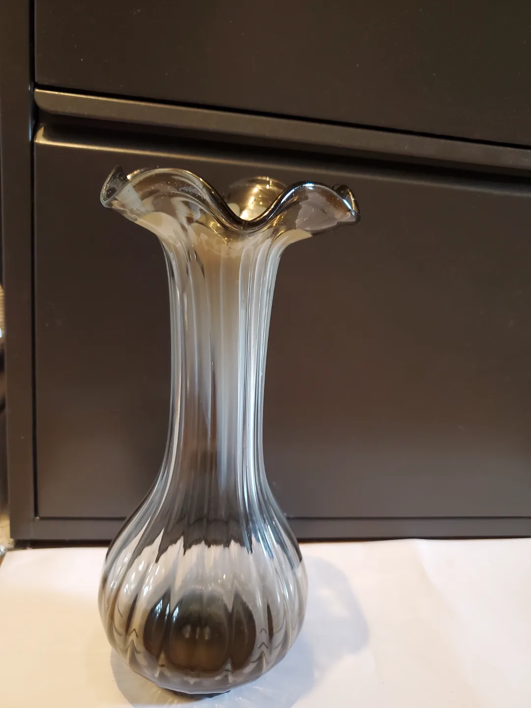 Vintage Smoked Glass Vase with White Floral Detail thumbnail