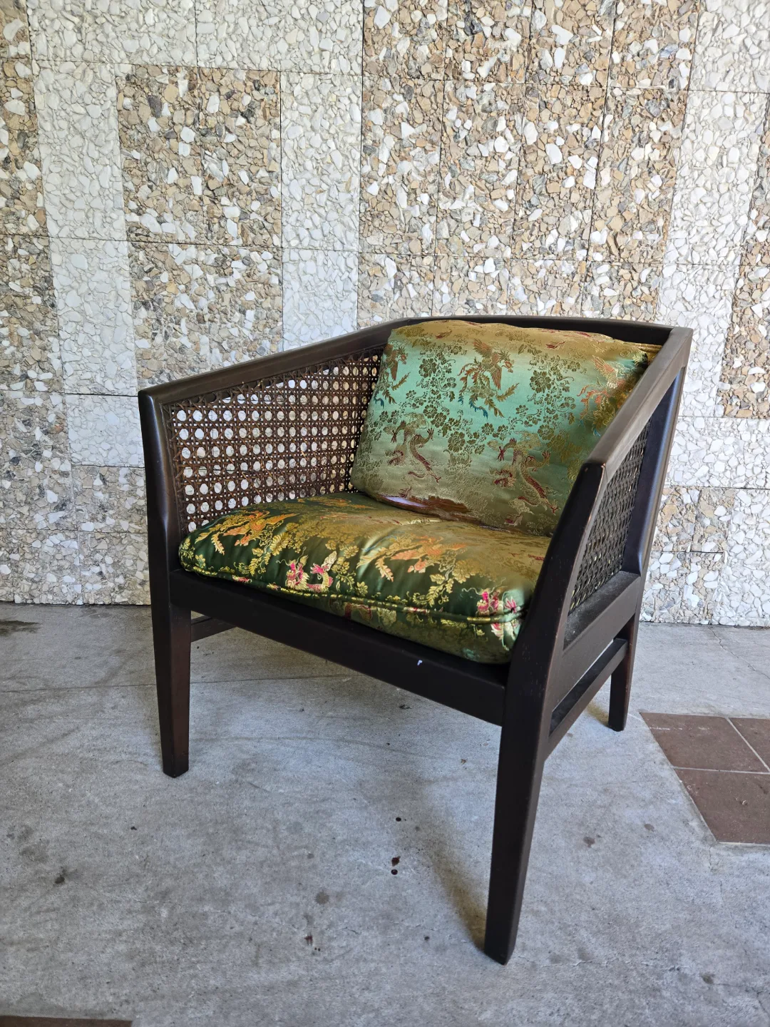 Single Green And Yellow Arm Chair With Rattan Accents thumbnail