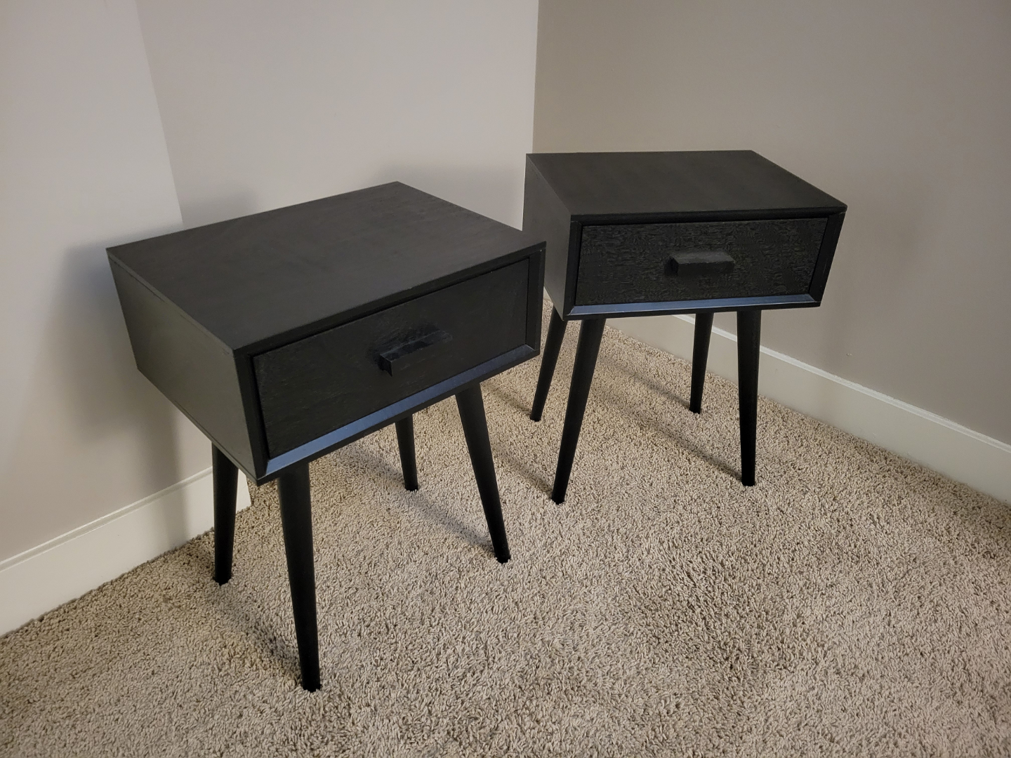 Pair of Black Nightstands with Mid-Century Modern Legs