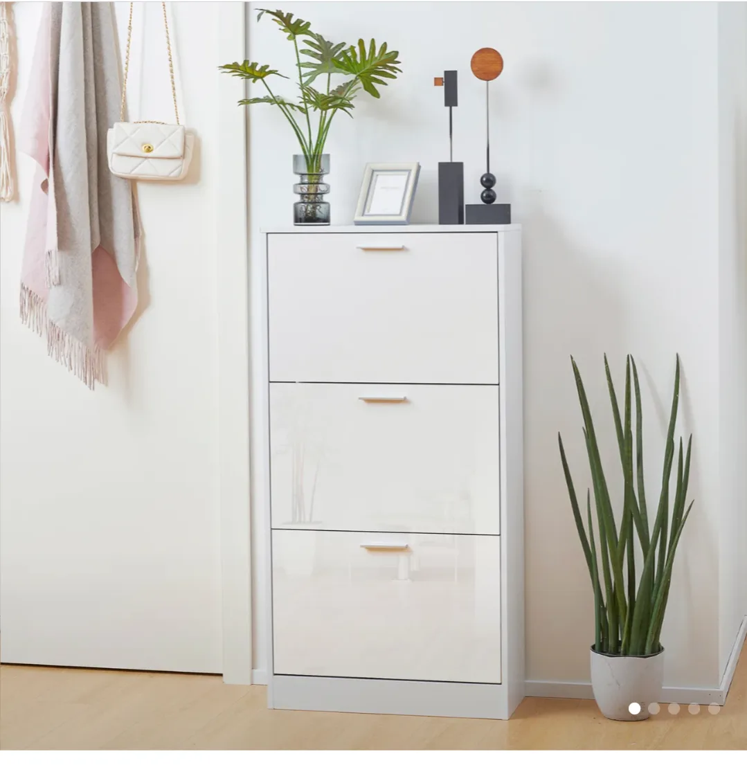 White High-Gloss Shoe Cabinet with 3 Flip-Top Drawers thumbnail