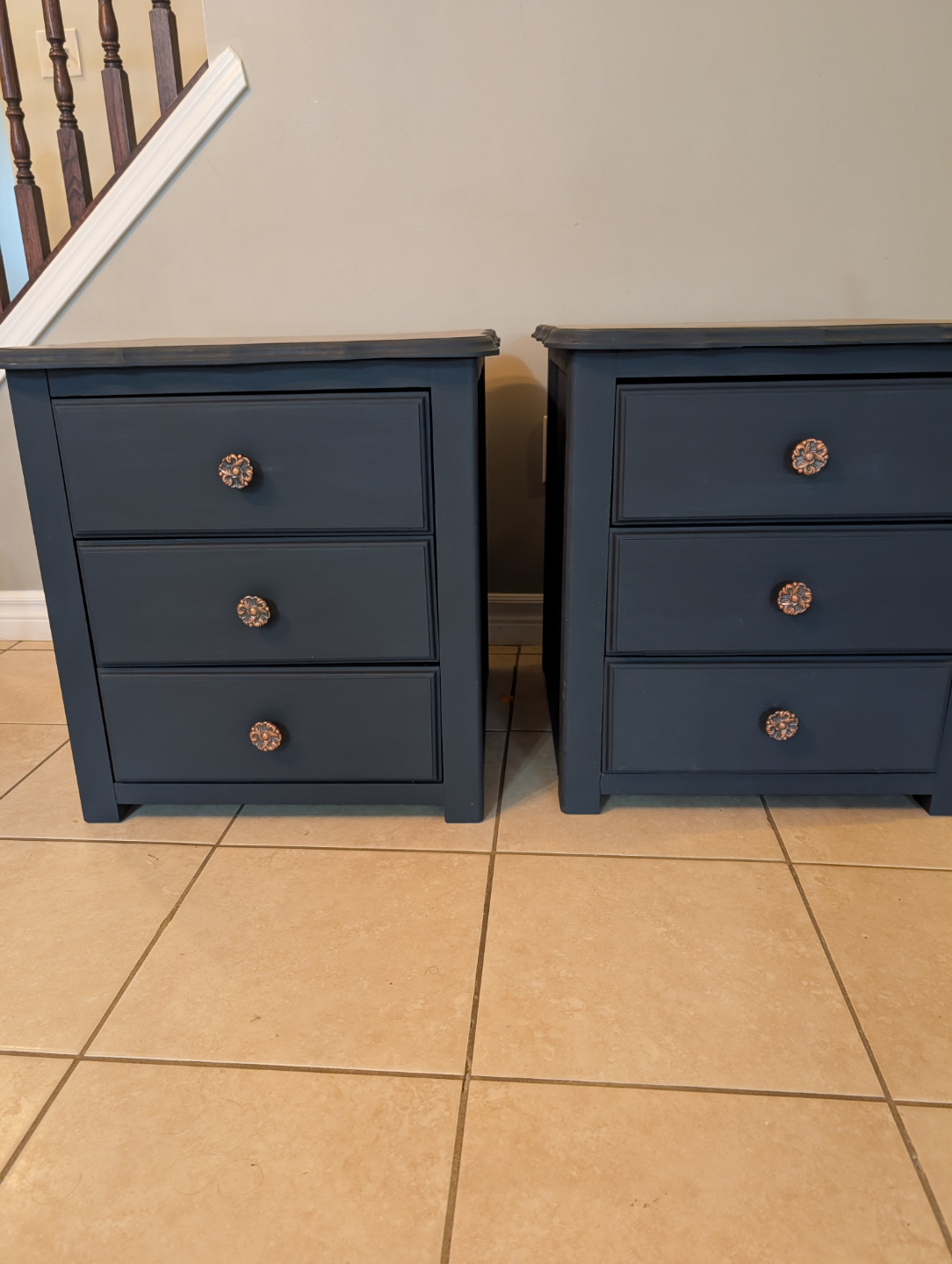Pair of Upcycled Nightstands - Dark blue with Wood Tops 🧡