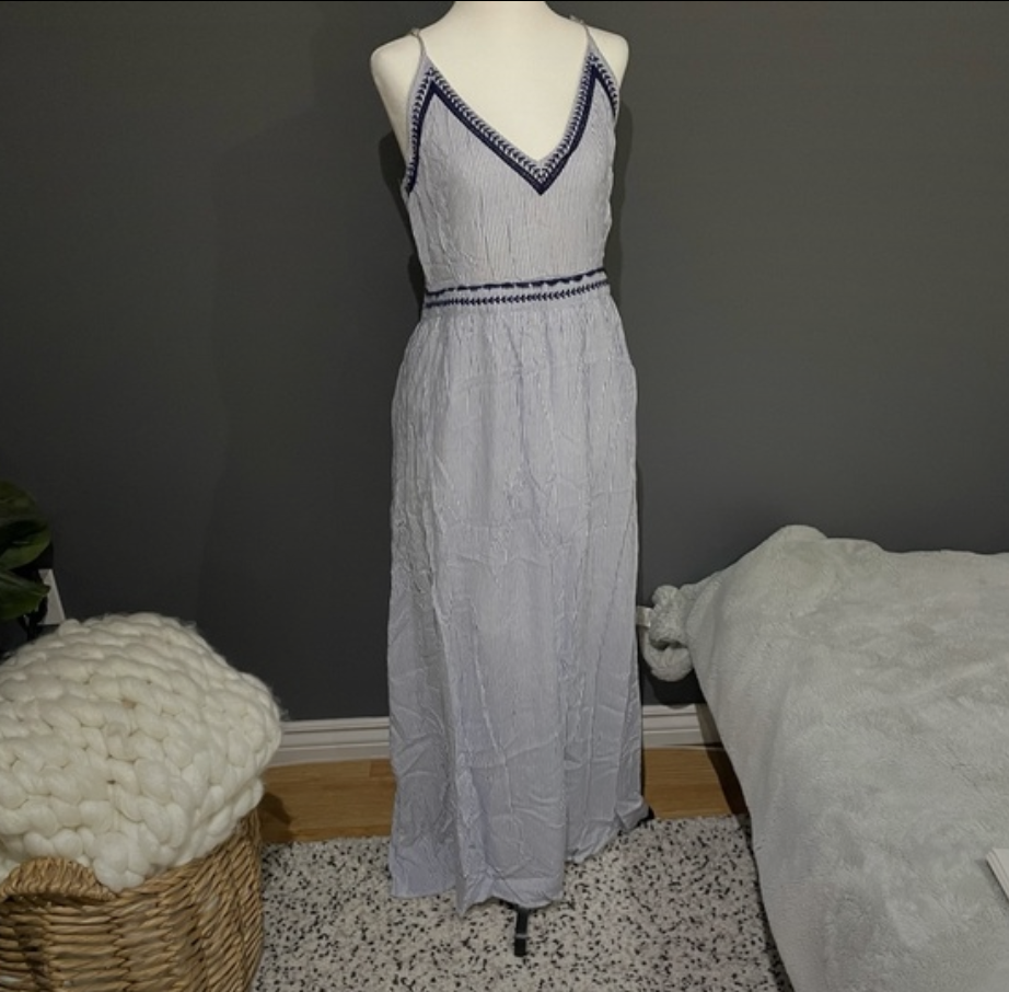 Japna Blue and White Striped Maxi Dress with Embroidery