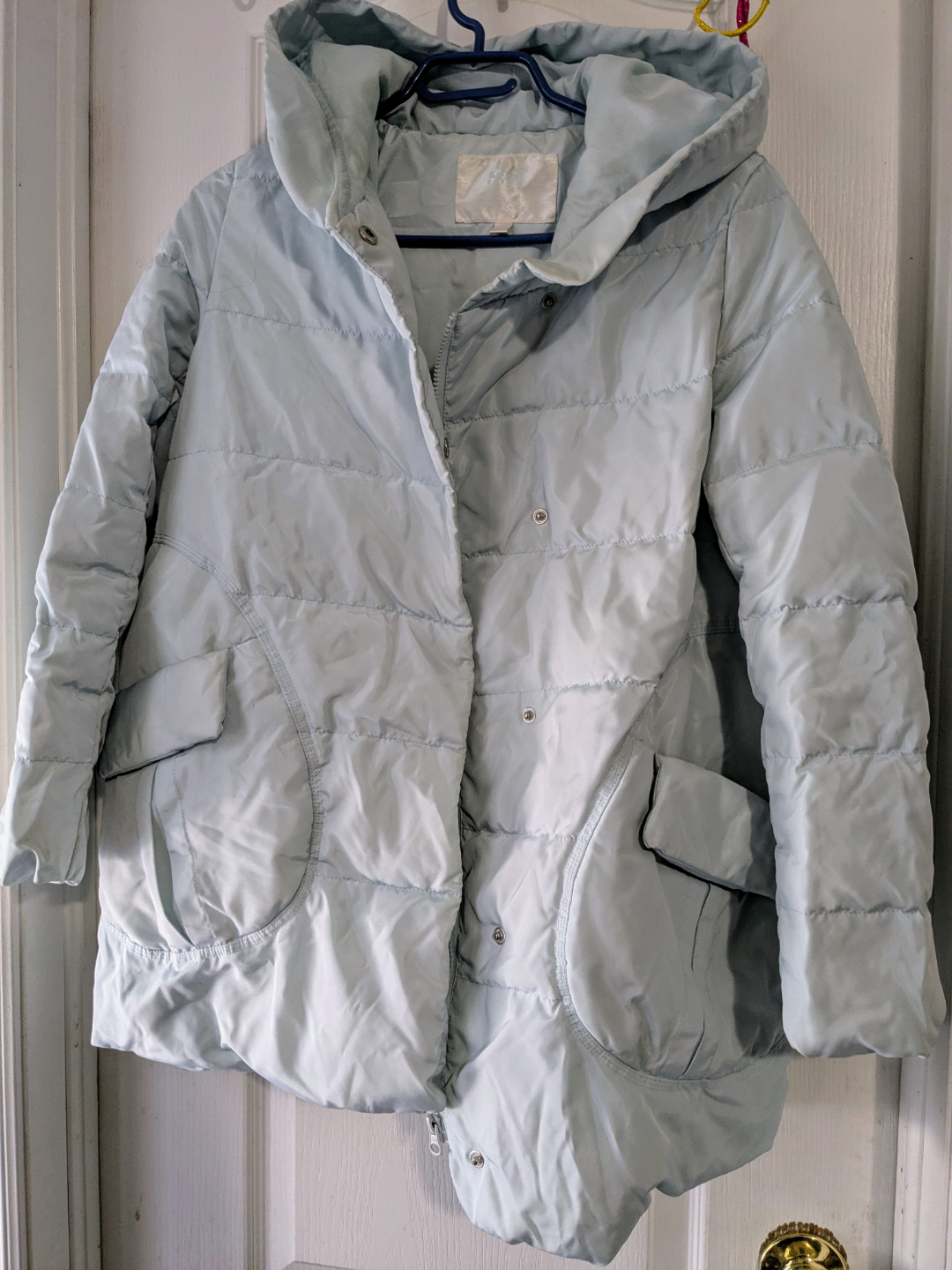 Women's Light Blue Hooded Puffer Coat Jacket - Size Medium