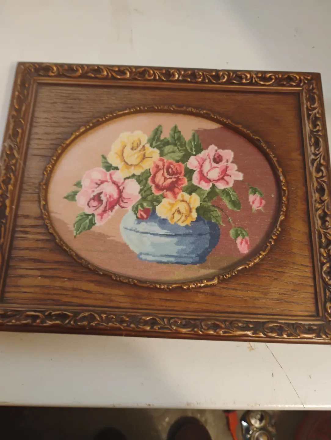 Vintage Framed Needlepoint Roses thumbnail