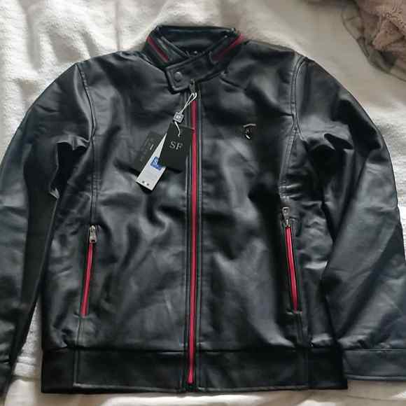 Men's Black Leather Jacket with Red Accents - photo 5