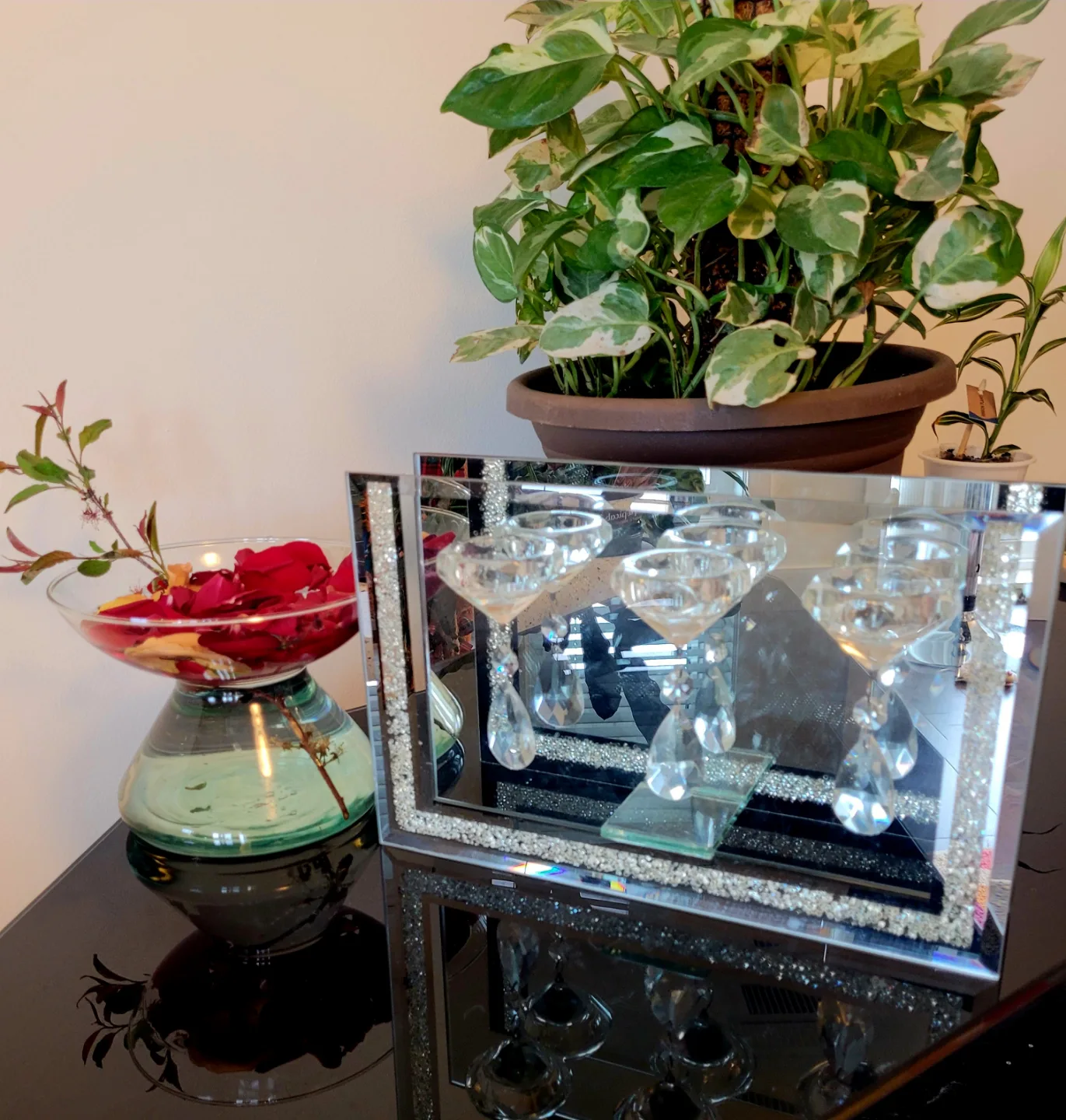 Luxury Crushed Crystal tealight Candle Holders & Mirror image indicator(3)