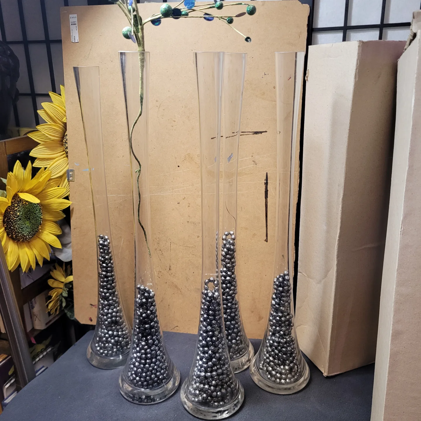 Five Tall Glass Tower  Vases with metallic beads $5 per thumbnail