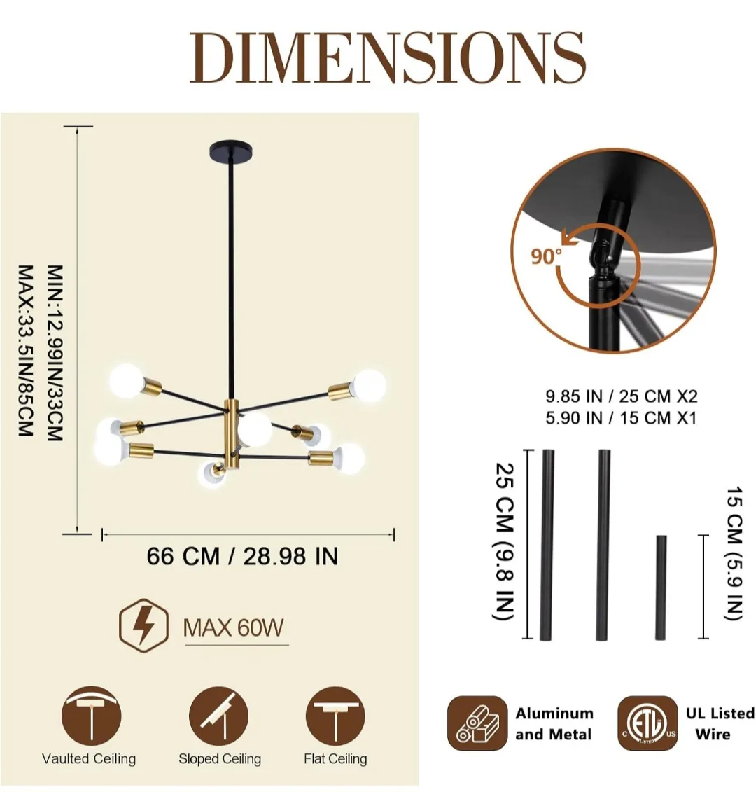 8-Light Sputnik Chandelier, Black and Gold, Height Adjustable image indicator(4)
