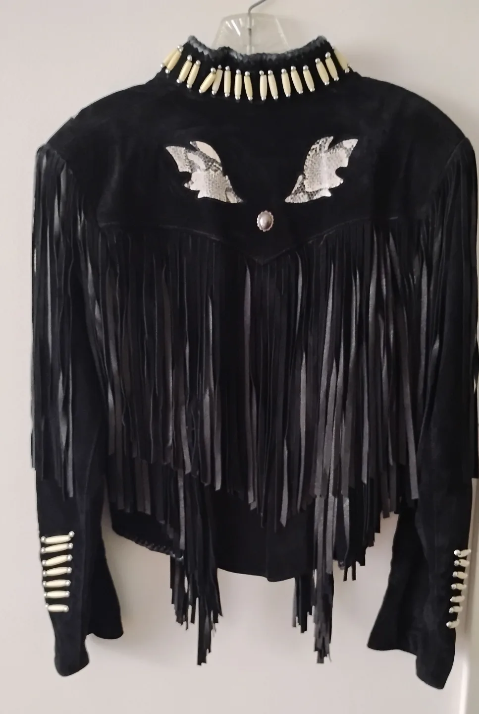 Black Suede Fringe Jacket with Bone Beads image indicator(2)