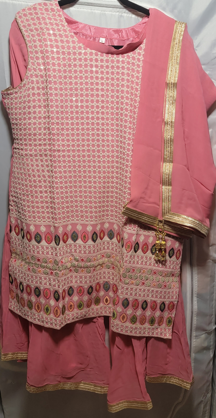 Pink embroidered three-piece suit