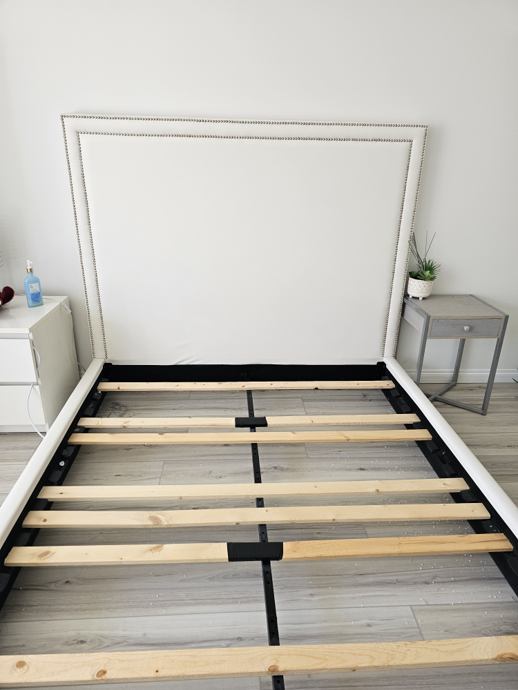 Queen Bed Frame with free Mattress (nail heads, faux leather)
