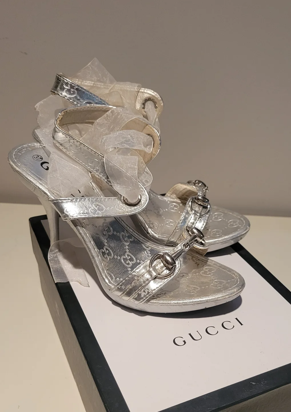 Silver "Gucci" Heels with Ribbon Detail thumbnail