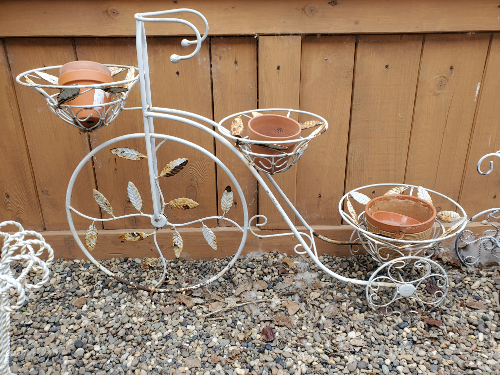 Set of 3 White Metal Planters: Wagon, Bicycle, and Urn - photo 2