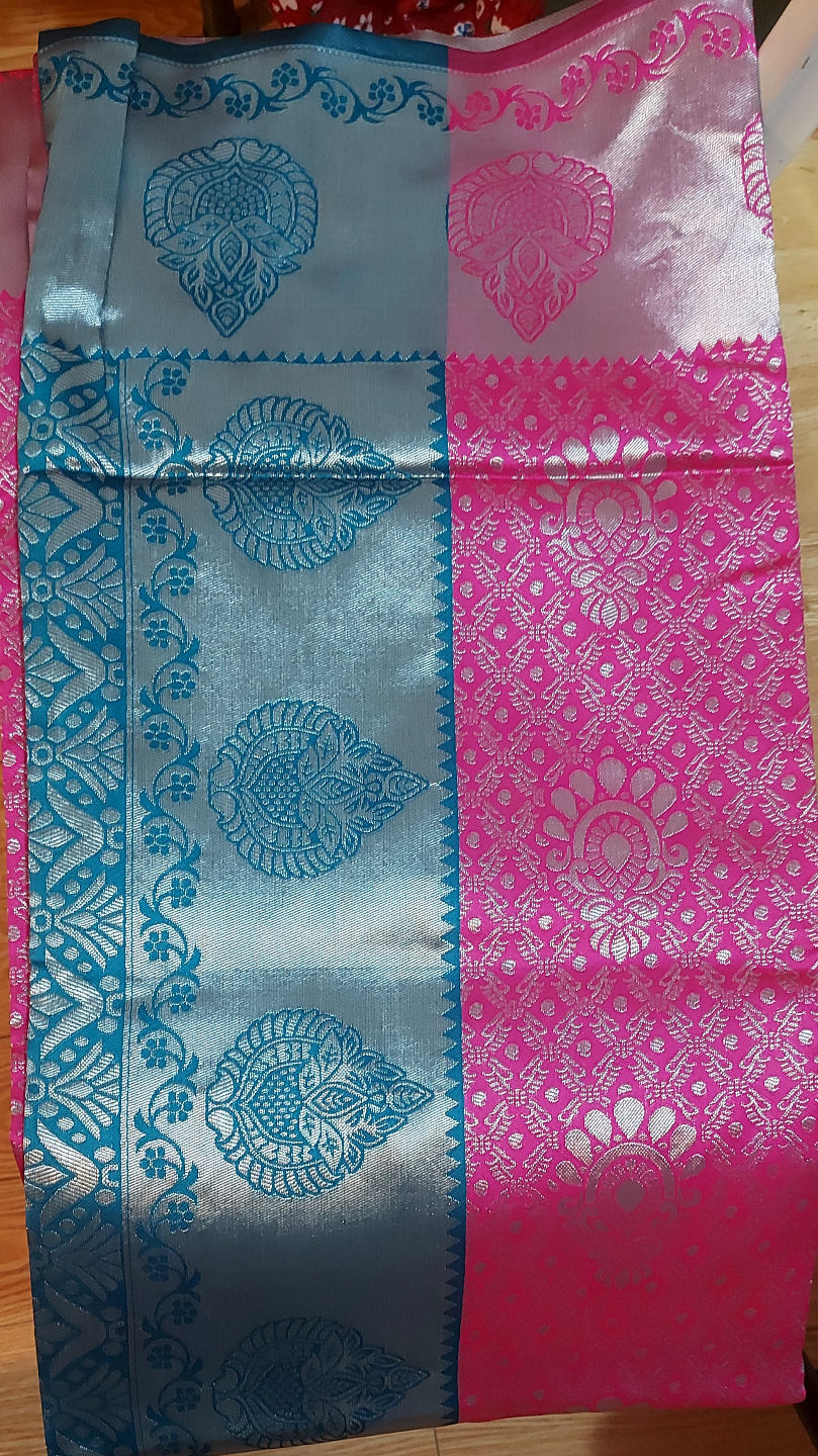 Beautiful Pink and Teal Banarasi Silk Saree Border