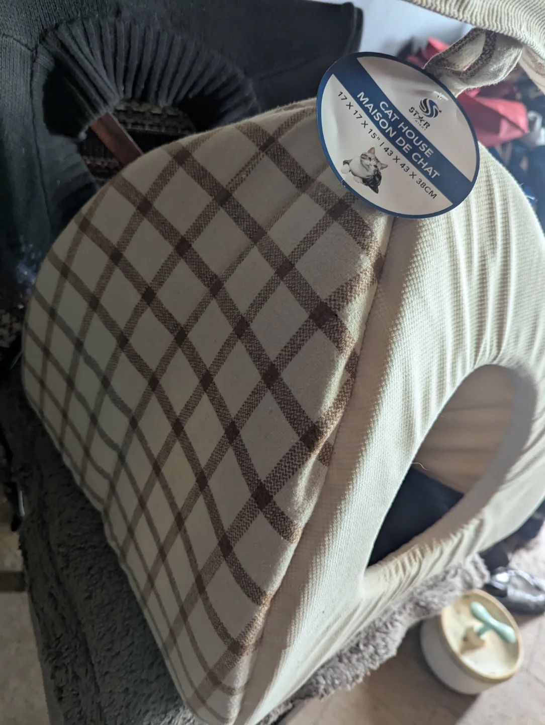 Cozy Cat House Pet Bed - Beige and Brown Plaid image indicator(3)