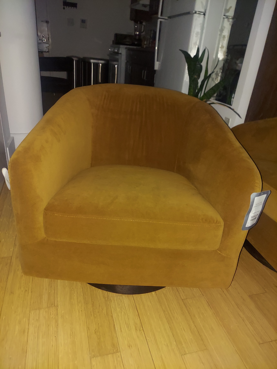 TWO Swivel Mustard Yellow Velvet Accent Chairs