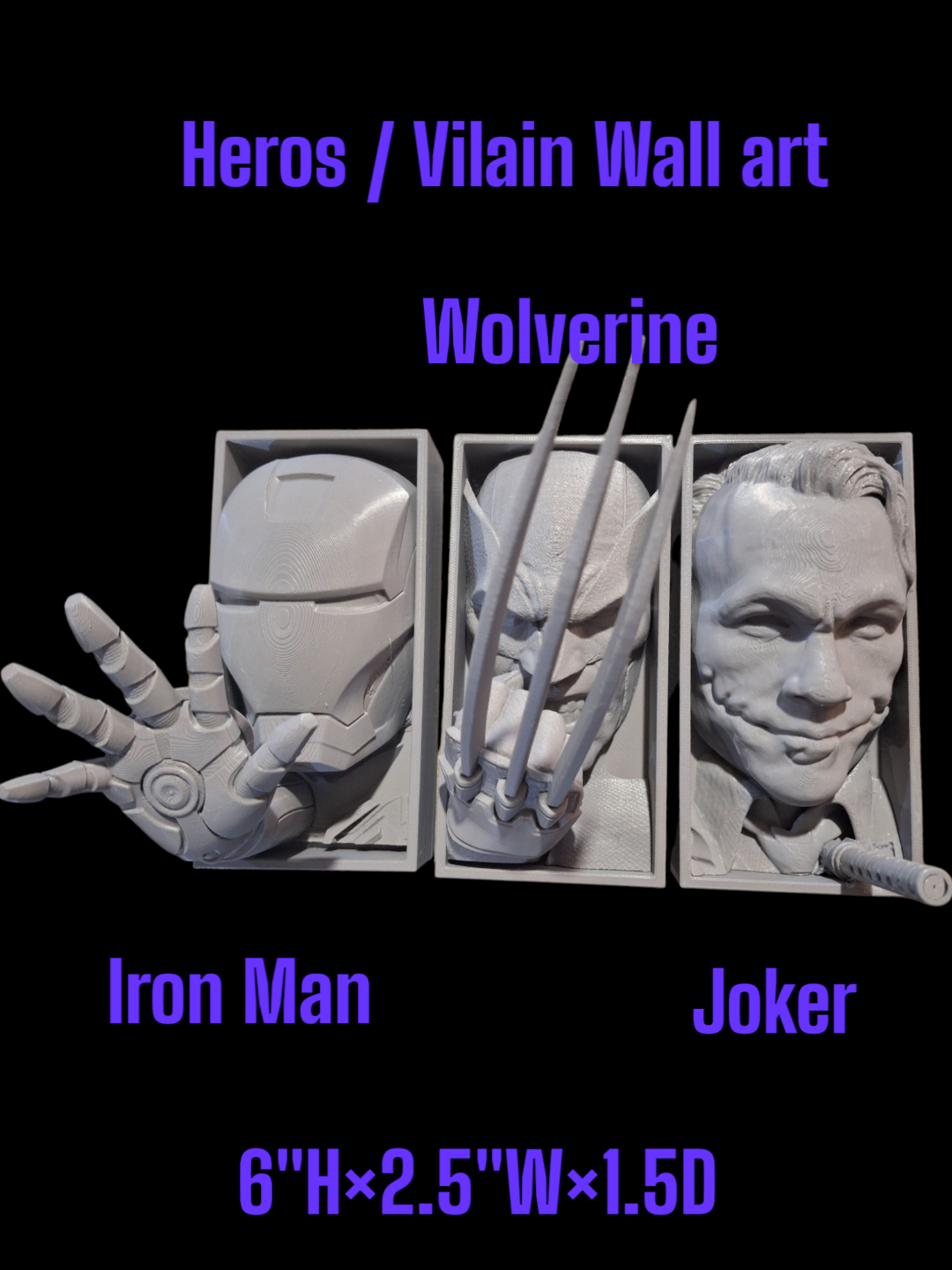 Hero/Villain Wall Art Set - Iron Man, Wolverine, Joker