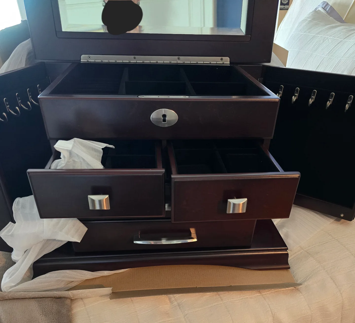Dark Brown Wooden Jewellery Box with Mirror and Drawers image indicator(3)