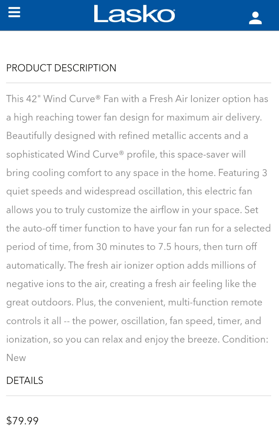 Lasko 42" Wind Curve Tower Fan with Ionizer - photo 3